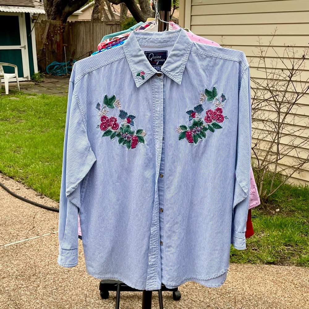 Light blue pinstriped shirt with floral embroidery